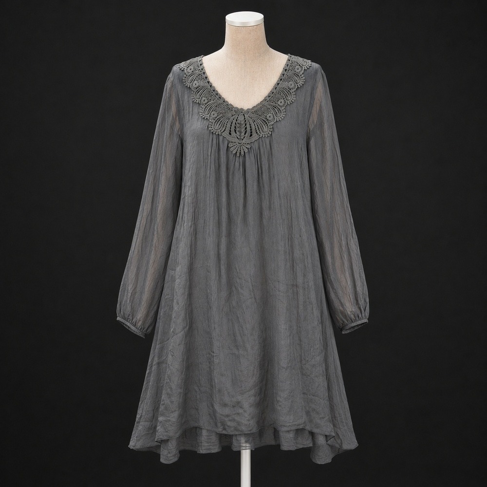 100% Silk Crochet Lace Long Sleeve Mini Dress Sz L Gray Fairy Grunge‎ Whimsigoth